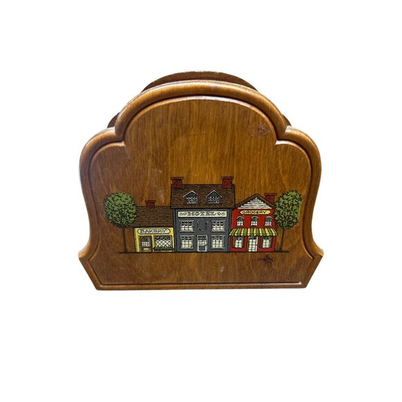 Wooden Napkin Holder With Village Design 5.5" Tall Classic Brown Finish - Picture 1 of 5